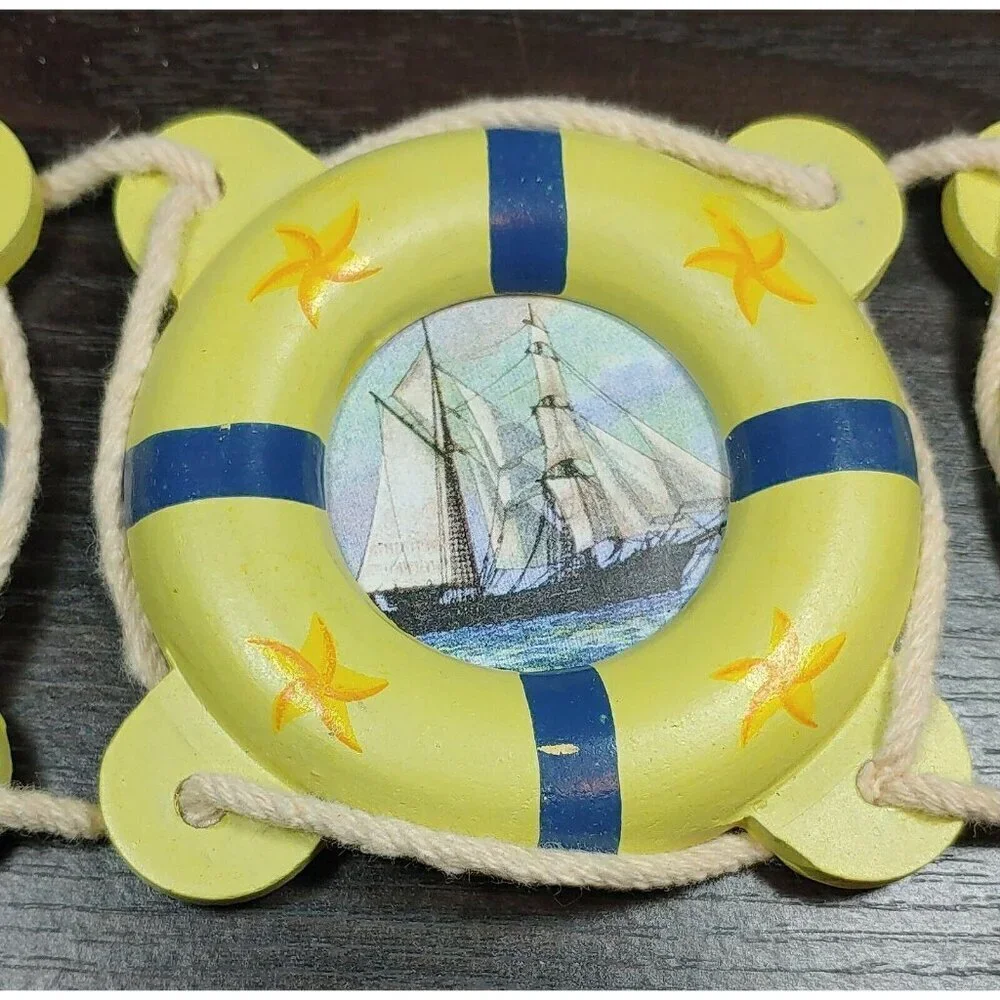 Nautical Wooden Lifebuoy Wall Hangings With Sailboat Designs Set Of 3 Vintage
